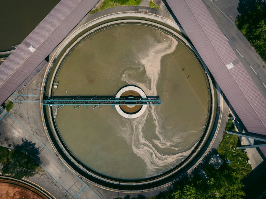 Aerial view of a circular clarifier at a treatment plant